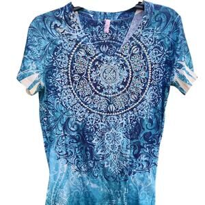 Kiara Size MediumTeal and Navy Patterned Bead Embellished Short Sleeve Top